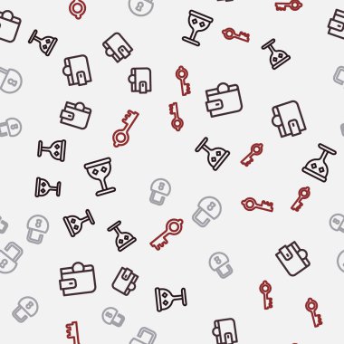 Ortaçağ kadehini, cüzdanını, asma kilidini ve eski sihirli anahtarı pürüzsüz desene ayarla. Vektör