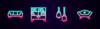 Satır kanepesi, kütüphane kitaplığı, lamba asma ve. Parlayan neon ikonu. Vektör