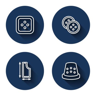 Elbiseler, desen ve uzun gölgeli yüksük dikiş için çizgi dikiş düğmesini ayarlayın. Mavi daire düğmesi. Vektör