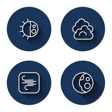 Sıra halinde gece döngüsü, Bulut, Rüzgar ve Ay 'ın uzun gölgeli evreleri. Mavi daire düğmesi. Vektör