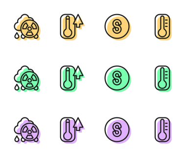 Pusulayı güneye ayarla, asit yağmuru radyoaktif bulut, termometre ve ikon. Vektör