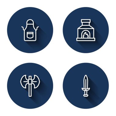 Demirci önlüğü, fırın, ortaçağ kutup baltası ve uzun gölgeli kılıç. Mavi daire düğmesi. Vektör