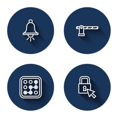 Hat alarmını çal, park yeri bariyeri, grafiksel şifre koruması ve uzun gölgeli kilidi kur. Mavi daire düğmesi. Vektör