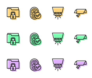 Yangın söndürme sistemi, dizin ve kilit, parmak izi ve güvenlik kamerası simgesi ayarlayın. Vektör