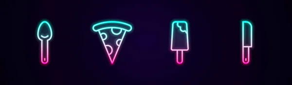 Set Line Cuchara Rebanada Pizza Helado Cuchillo Icono Neón Brillante — Vector de stock