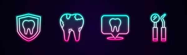 Οδοντιατρική Προστασία Σπασμένο Δόντι Κλινική Καθρέφτης Και Καθετήρας Φωτεινό Εικονίδιο — Διανυσματικό Αρχείο
