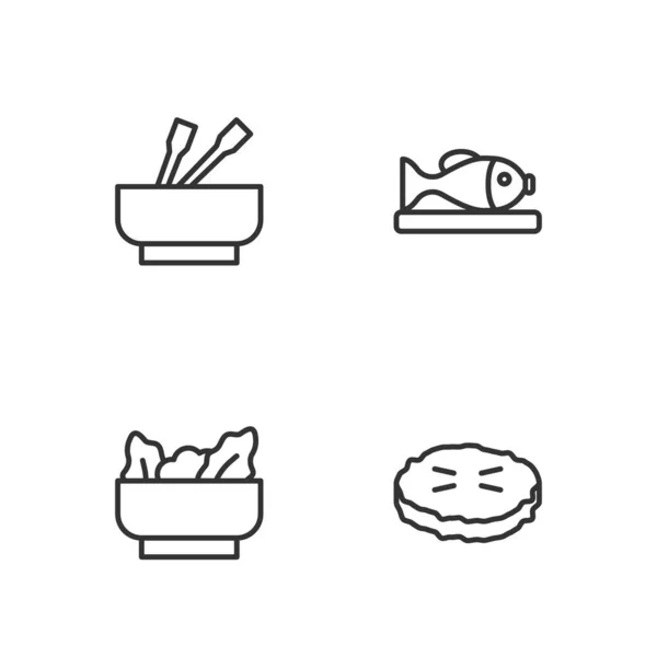 Set Line Homemade Pie Wonton Asian Noodles Bowl Served Fish — Stock Vector