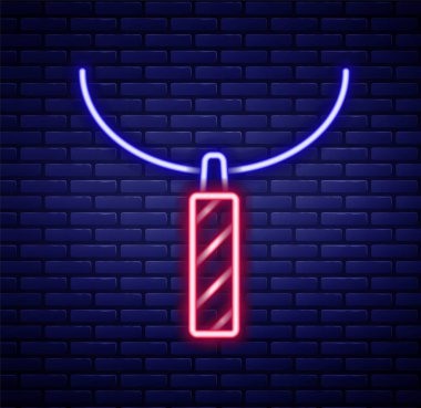 Tuğla duvar arkasında izole edilmiş kolye ikonundaki parlak neon çizgili kolye. Renkli taslak konsepti. Vektör