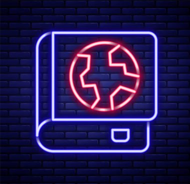 Parlayan neon hattı Dünya küresi ve kitap ikonu tuğla duvar arka planında izole edilmiş. Dünya ya da Dünya işareti. Küresel internet sembolü. Geometrik şekiller. Renkli taslak konsepti. Vektör