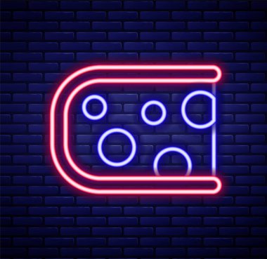 Parlayan neon hattı peynir ikonu tuğla duvar arka planında izole edilmiş. Renkli taslak konsepti. Vektör