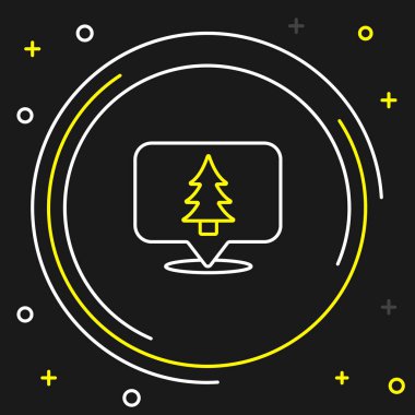 Siyah arkaplanda izole edilmiş bir harita simgesi üzerinde ormanın çizgi konumu. Renkli taslak konsepti. Vektör