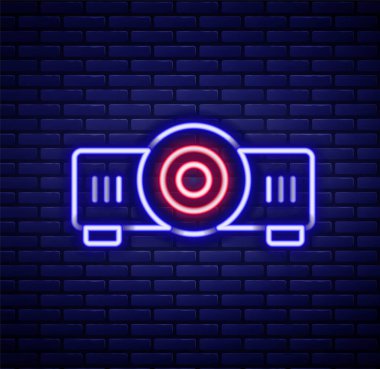 Parlak neon hattı sunumu, film, film, medya projektörü ikonu tuğla duvar arka planında izole edildi. Renkli taslak konsepti. Vektör