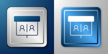 Beyaz Görüntülü Sohbet Konferansı simgesi mavi ve gri arkaplanda izole edildi. Çevrimiçi iş görüşmesi formu. Uzak proje yönetimi. Gümüş ve mavi kare düğme. Vektör