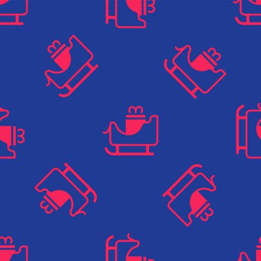 Kırmızı Noel Baba kızağı, çuval çuvalı ikonu mavi arka planda izole edilmiş pürüzsüz desen. Mutlu Noeller ve mutlu yıllar. Vektör