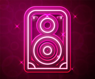 Parlayan neon hattı ses hoparlörü simgesi kırmızı arkaplanda izole edildi. Ses sistemi hoparlörleri. Müzik ikonu. Müzikal sütun hoparlörü. Vektör