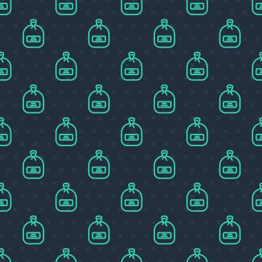 Özel bir bitki simgesinin tohumlarıyla dolu yeşil çizgi paketi mavi arkaplanda izole edilmiş pürüzsüz desen. Vektör