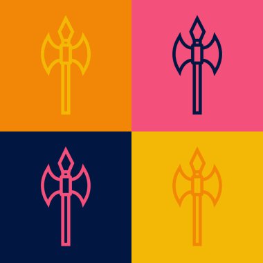 Pop sanat çizgisi Ortaçağ balta simgesi renk arkaplanında izole edildi. Savaş baltası, cellat baltası. Ortaçağ silahı. Vektör