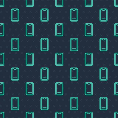 Mobil ikon üzerindeki yeşil çizgi yiyecek siparişi mavi arka planda izole edilmiş pürüzsüz desen. Cep telefonuyla sipariş verin. Restoran yemek teslimatı konsepti. Vektör