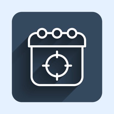 Beyaz çizgi, hedef spor ikonu uzun gölge arkaplanı ile izole edildi. Atış mesafesi ya da atış mesafesi için sayıları olan temiz bir hedef. Mavi kare düğme. Vektör