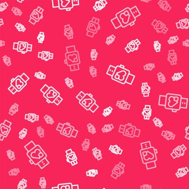 Beyaz çizgi Akıllı saat kalp atış hızı simgesini gösteriyor kırmızı arkaplanda izole edilmiş pürüzsüz desen. Fitness uygulaması konsepti. Vektör