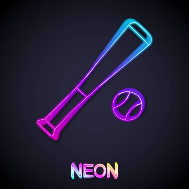 Siyah zemin üzerinde top ikonu olan parlak neon çizgili beysbol sopası. Vektör