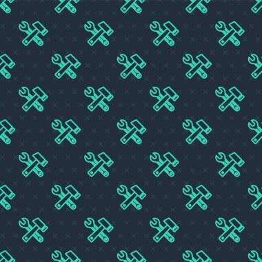 Yeşil çizgi çekiç ve ingiliz anahtarı ikonu mavi arka planda izole edilmiş pürüzsüz desen. Donanım aletleri. Vektör