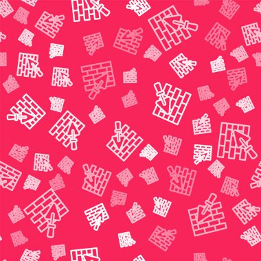 Beyaz çizgili tuğla duvar ve mala simgesi kırmızı arka planda izole edilmiş pürüzsüz desen. Vektör