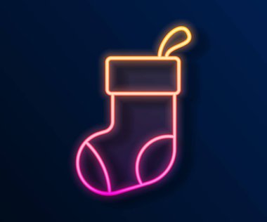 Parlayan neon hattı Noel çorap ikonu siyah arka planda izole edildi. Mutlu Noeller ve mutlu yıllar. Vektör