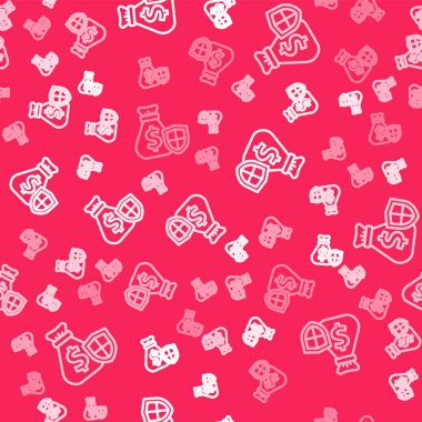 Beyaz çizgili para çantası ve kalkan simgesi kırmızı arka planda izole edilmiş kusursuz desen. Sigorta konsepti. Güvenlik, güvenlik, koruma, konsept koruma. Vektör