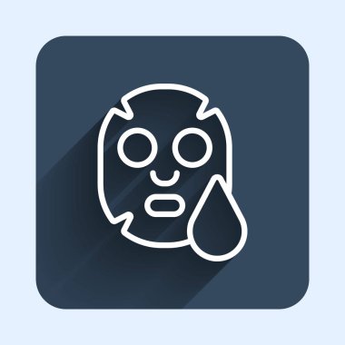 Beyaz çizgi Yüz Kozmetik Maskesi simgesi uzun gölge arkaplan izole. Kozmetoloji, ilaç ve sağlık hizmetleri. Mavi kare düğme. Vektör