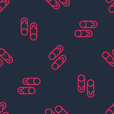 Kırmızı çizgi klasik kapalı çelik güvenlik iğnesi simgesi siyah arkaplanda izole edilmiş kusursuz desen. Vektör