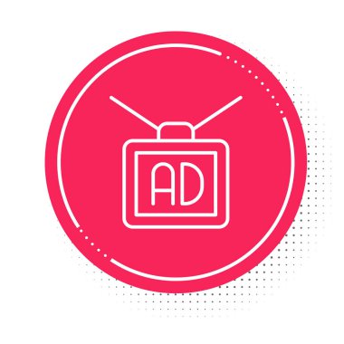 Beyaz çizgi reklam simgesi beyaz arkaplanda izole edildi. Pazarlama ve tanıtım süreci kavramı. İlgili reklamlar. Sosyal medya reklamcılığı. Kırmızı daire düğmesi. Vektör