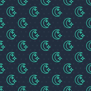Yeşil çizgi Ay ve yıldız ikonu mavi arka planda izole edilmiş kusursuz desen. Bulutlu gece işareti. Uyku rüyalarının sembolü. Dolunay. Gece ya da yatak zamanı tabelası. Vektör