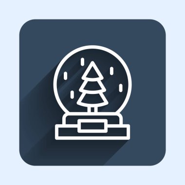 Kar yağan beyaz çizgili Noel kar küresi ve uzun gölgeli bir Noel ağacı ikonu. Mutlu Noeller ve mutlu yıllar. Mavi kare düğme. Vektör