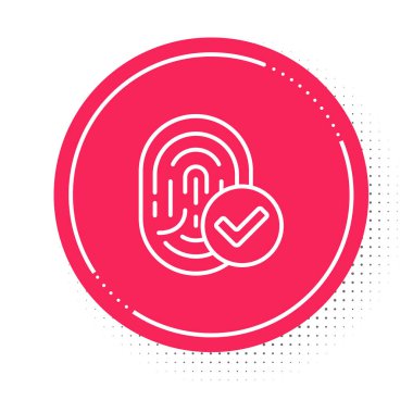 Beyaz çizgi parmak izi simgesi beyaz arkaplanda izole edildi. Kimlik uygulaması simgesi. Kimlik işareti. Kimliğe dokun. Kırmızı daire düğmesi. Vektör