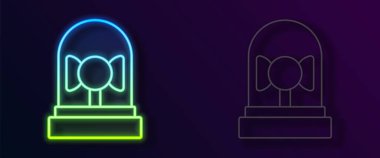 Parlayan neon hattı alarm zili simgesi siyah arkaplanda izole edildi. Yangın alarmı. Servis zili, el zili işareti, uyarı sembolü. Vektör