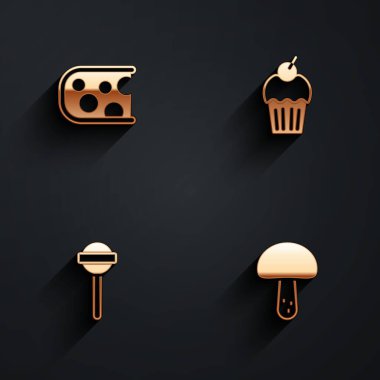 Peynir, Kek, Lolipop ve uzun gölgeli mantar ikonu hazırla. Vektör