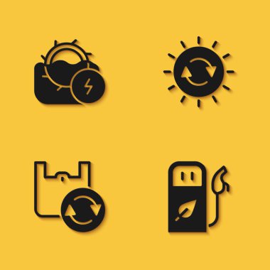 Su değirmeni, benzin ya da benzin istasyonu, geri dönüşümlü alışveriş torbası ve uzun gölgeli güneş enerjisi simgesi ayarla. Vektör