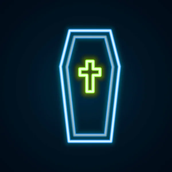 Glödande Neon Linje Coffin Med Kristet Kors Ikon Isolerad Svart — Stock vektor