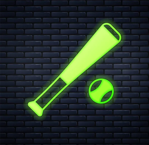 Zářící Neon Baseball Netopýr Ikonou Koule Izolované Cihlové Zdi Pozadí — Stockový vektor