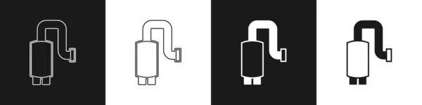 黒と白の背景に隔離された車のマフラーアイコンを設定します 排気管だ ベクトル — ストックベクタ