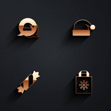 Noel Baba şapkası, şeker ve uzun gölgeli alışveriş poşeti ikonu koyun. Vektör