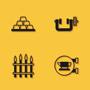 Altın külçeleri, demirci örs aletleri, klasik demir çitler ve klemp ve uzun gölgeli vida ikonu. Vektör