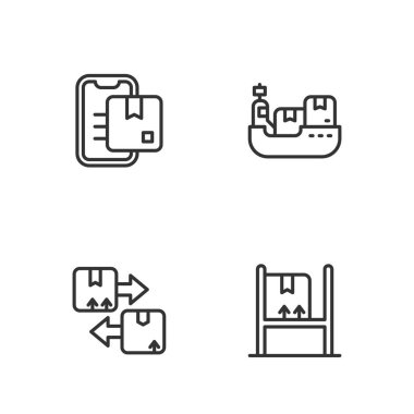 Deponun içini kutularla donatın, karton trafik sembolü, takip işaretleyicisi ve kargo gemisi teslimat ikonu. Vektör