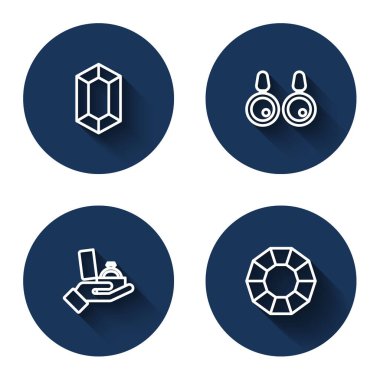 Mücevher taşı, küpeler, elmas nişan kutusu ve uzun gölgeli. Mavi daire düğmesi. Vektör