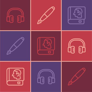 Satır başı kulaklıklar, hukuk kitabı ve dolmakalem ucu simgesi. Vektör