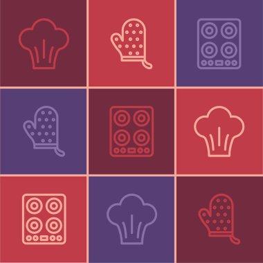 Şef şapkası, gaz ocağı ve fırın eldiveni ikonu. Vektör