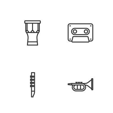 Trumpet, Flüt, Afrika perküsyon davulu ve Retro ses kaset ikonu ayarla. Vektör