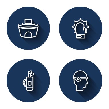 Saha çizgisi Stadyumu, boks eldivenleri, golf çantalı golf çantası ve uzun gölgeli beysbol kaskı. Mavi daire düğmesi. Vektör