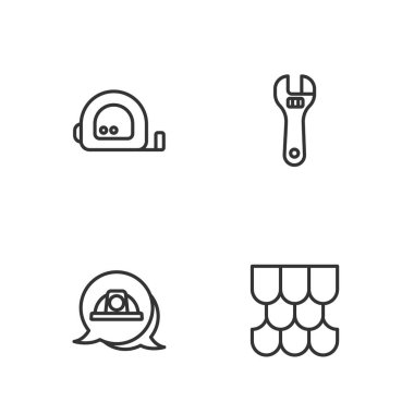 Çatı kiremiti, işçi kaskı, rulet inşaatı ve ayarlanabilir anahtar simgesi. Vektör